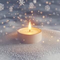 Wall Mural - A minimalist 3D candle icon, glowing softly against a snowy background. The candle is surrounded by gently falling snowflakes, creating a serene holiday ambiance