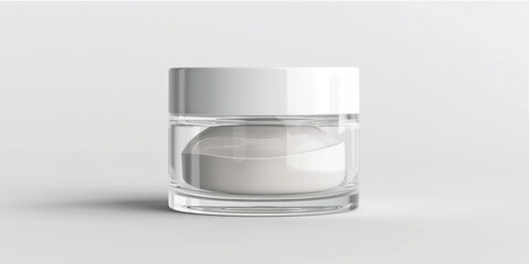 Wall Mural - Small jar filled with white cream sits on a white background. The jar is made of clear glass and the cream inside is also clear. The cream appears to be a light shade of white