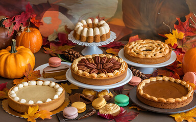 Autumnal baked goods with pumpkin and fall leaves  a festive Thanksgiving table setting   