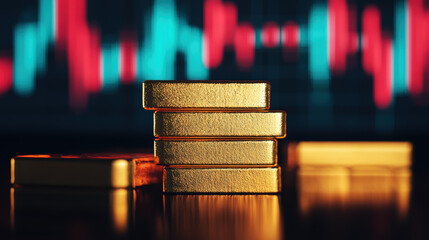 A close-up of stacked gold bars with a colorful financial graph in the background, symbolizing wealth and investment.