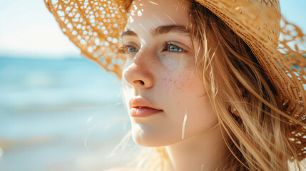 A woman with blonde hair and blue eyes is wearing a straw hat