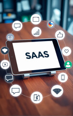 Mobile tablet for access to the network, cloud storage, on the table. SAAS - software as a service.