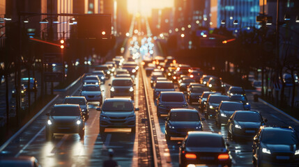 A busy city street with many cars and a bright orange sun in the background