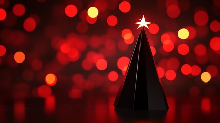 Black Christmas tree ornament with a glowing star on red bokeh background.