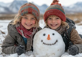 Two joyful children building a snowman in a winter wonderland