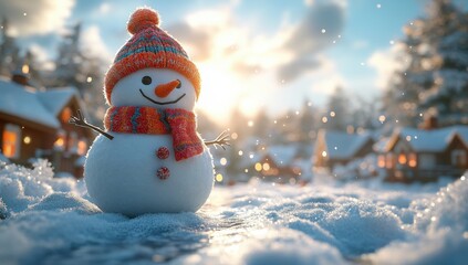 Cheerful snowman with colorful scarf and hat in snowy village