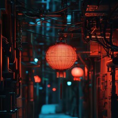 An illustration of a red Chinese lantern hanging in a tech-themed street alley, blending tradition with modern urban elements for Chinese New Year.