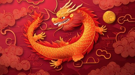 A red and gold wooden dragon illustration for the Chinese New Year, blending traditional motifs with vibrant colors and intricate designs.