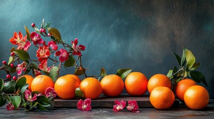 Mandarin oranges paired with flowers, symbolizing prosperity and good luck for the Chinese New Year, arranged on a vibrant red surface.