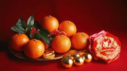 Traditional festival items: a red gift packet, gold ingots, and oranges displayed on a festive red background with text meaning 