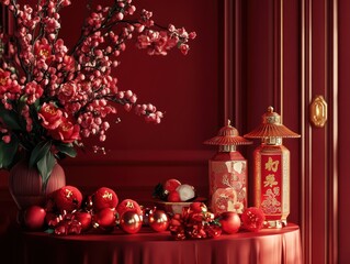 Assortment of Chinese New Year traditional ornaments displayed elegantly, celebrating the festive season. Glamorous volumetric lighting adds depth.