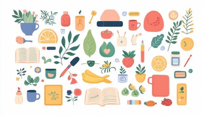 Naklejka na meble A vibrant collection of colorful illustrations featuring plants, fruits, and everyday items in a playful arrangement.