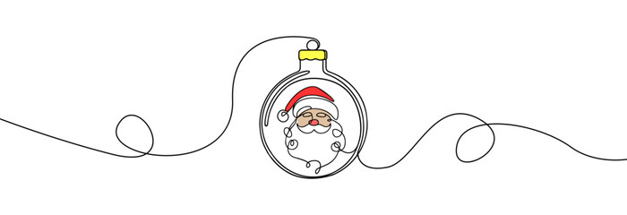 Wall Mural - Christmas ball one line icon. Simple one continuous line drawing of christmas bauble with a santa claus inside isolated on white background.Holiday christmas decoration.Santa Claus face