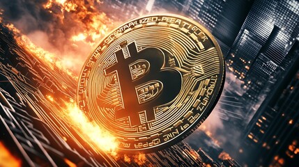 Poster - Bitcoin Conceptual Image with Fiery Background in Modern City Skyline : Generative AI