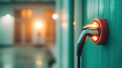 an orange glowing electric charging plug mounted on a teal wall indoors, emanating warmth and symbol