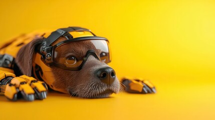 A sleek robotic dog lying down, equipped with orange and black armor, featuring high-tech cybernetic enhancements, set against a bold yellow background evoking energy.