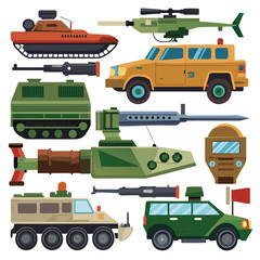 military vehicles and firearms vector and illustration isolated on white background.