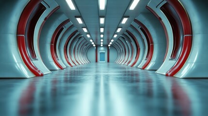 A sleek, futuristic metallic hallway featuring striking red accents and overhead lights, characterized by its modern, industrial vibe and bold design elements.