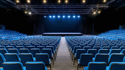 spacious concert venue with empty blue seats and stage lighting