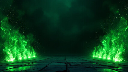 Wall Mural - gloomy background with green neon fire spreads from both sides