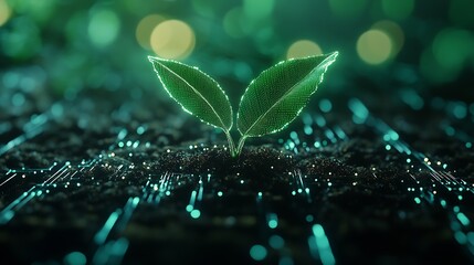Poster - Digital technology growth concept showing futuristic leaf sprout : Generative AI