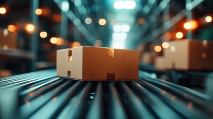 A dynamic view of a conveyor belt in a dimly lit warehouse lined with cardboard boxes, showcasing the industrial atmosphere and efficiency of the space.