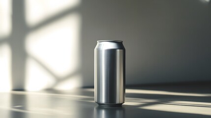 blank mockup template of a tall matte beverage can with custom labeling, reflecting soft light on a 