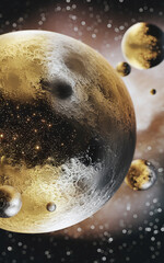 Fototapete - A stunning render of a celestial scene featuring a golden moon surrounded by distant planets and stars in a cosmic landscape