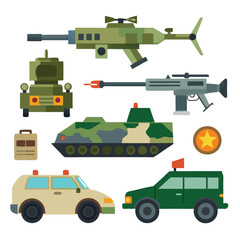 military vehicles and firearms vector and illustration isolated on white background.