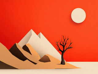 vibrant landscape featuring stylized mountains, barren tree, and large sun against bold orange backg