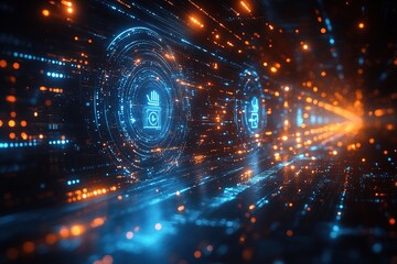 Abstract digital tunnel with glowing icons.