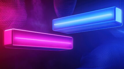 Two glowing neon light bars, one pink and one blue, with a dark blue and purple background.