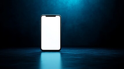 Leinwandbilder - A sleek smartphone stands upright on a reflective surface in a dimly lit environment.