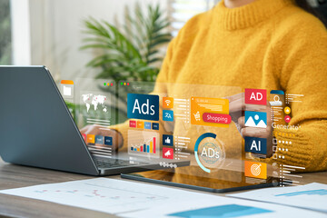 businesswoman doing digital marketing and online advertising to target customers. online sales conce