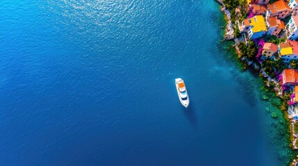 Wall Mural - aerial view of a boat on blue water near colorful coastal houses