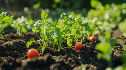 ripe red tomatoes growing on the ground in the vegetable garden.