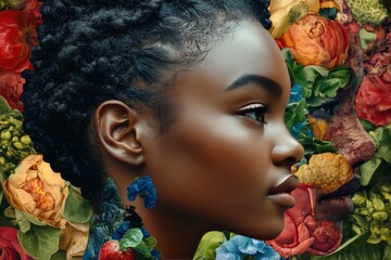 Profile portrait of a woman with dark natural hair against a floral background emphasizing beauty nature and self expression with a mix of vibrant flowers and warm lighting