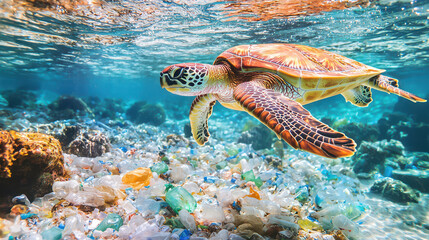 green sea turtle swimming above colorful plastic waste on ocean floor, emphasizing marine pollution 