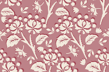  Floral seamless pattern with flowers and leaves on pink background.Oriental vector damask pattern with decorative ornament. Talavera pottery. Ethnic oriental traditional.Motifs Ikat embroidery 