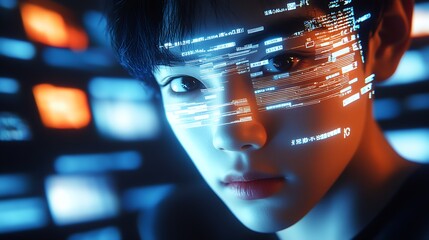 Fototapete - Futuristic Portrait of a Young Woman with Digital Overlay and Holographic Display Elements : Generative AI