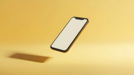 Aufkleber - A sleek smartphone hovers in mid-air, showcasing its minimalist design against a bright yellow background. The lighting highlights the device's smooth edges, creating a dynamic visual contrast.