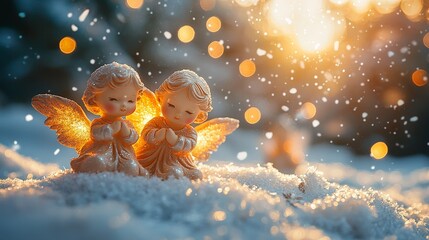 Two angel figurines praying in snowy light