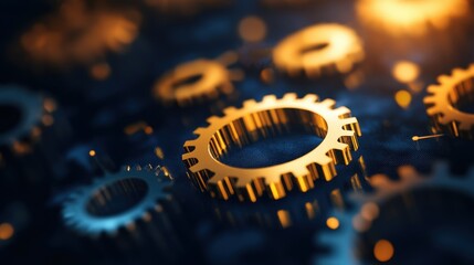 Poster - A close-up view of metallic gears illuminated softly, showcasing intricate details and textures in a dynamic, industrial setting.