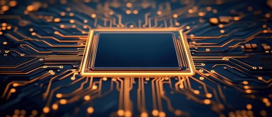 Leinwandbilder - A close-up view of a microchip, showcasing intricate circuit patterns and vibrant connections that illuminate its advanced technology.