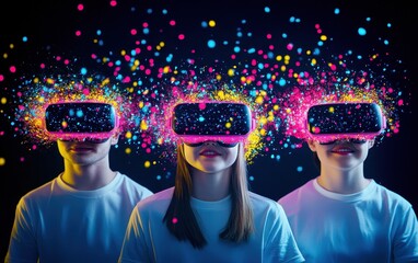 Aufkleber - Three individuals wearing colorful virtual reality headsets are surrounded by vibrant particles, highlighting a futuristic tech experience.
