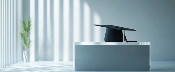 Graduation cap on a white platform with a plant in the background.