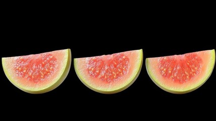 Wall Mural - Three slices of guava fruit, arranged in a row, isolated on a black background.