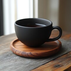 A black ceramic mug with a brown tea inside, sitting on a wooden coaster on a wood table.