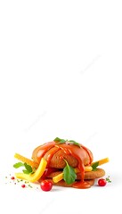 Two pieces of bread with a red sauce, yellow slices of cheese, a green leaf, and two red tomatoes on a white background.