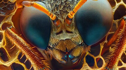 The fine details of microscopic insects captured through a biological microscope, with vibrant colors and intricate geometric patterns revealed.